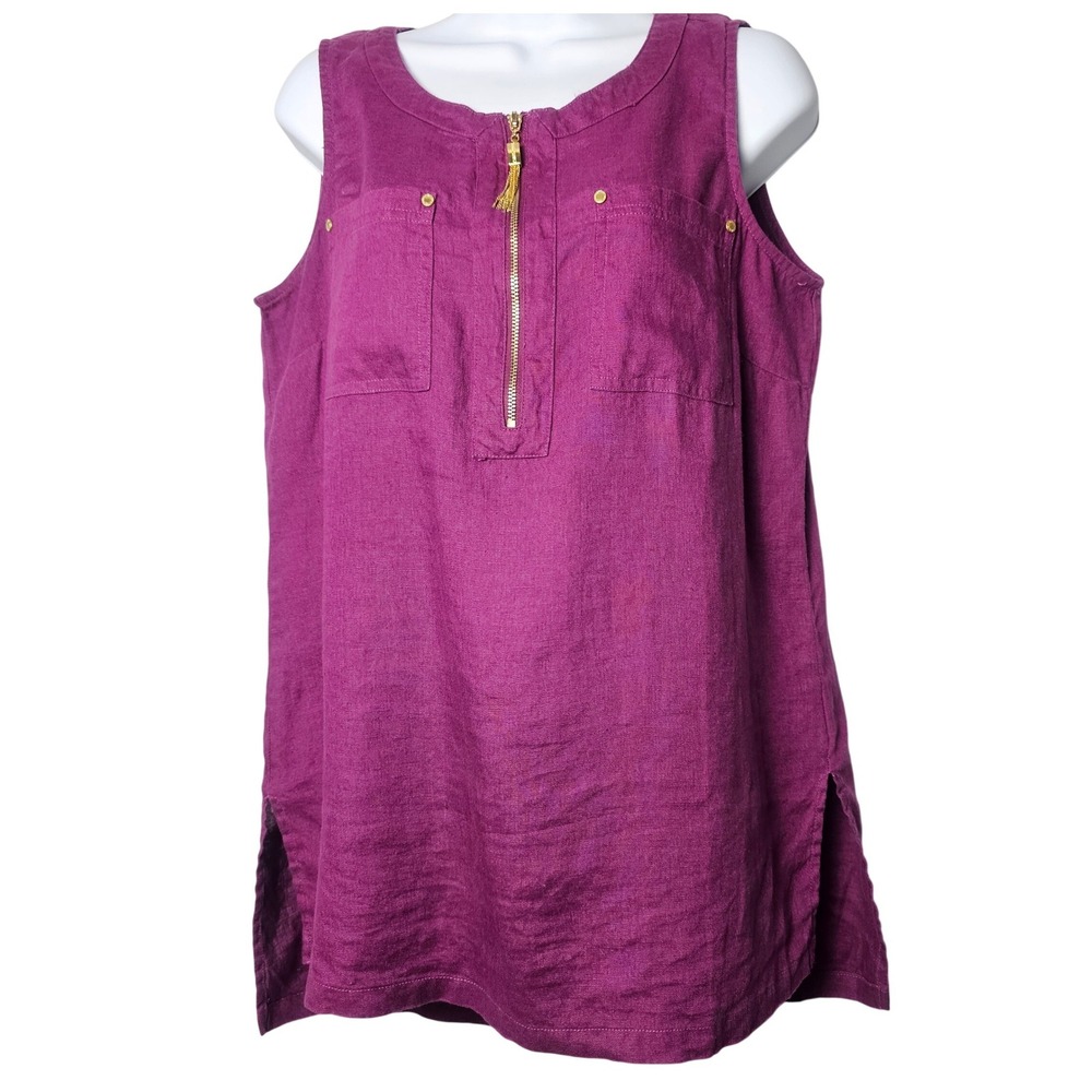 Ellen Tracy Magenta 100% Linen‎ Sleeveless Tunic Top Gold Zip Tassel M Resort